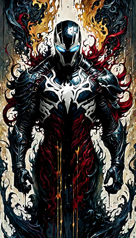 ultra-wide angle shot, photorealistic of gothic medieval of thrilling fusion between ironman and venom, resulting in a new chara...