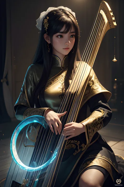 hightquality、8K Ultra HD、fullllbody、A 16-year-old female harpist is playing the harp。Amazing healing forest、cute little、Beautiful fece、portlate、A kitten、Art by Alberto Sebeso、Symmetrical、Abstract art style、Complex and intricate watercolor painting 、digitia...