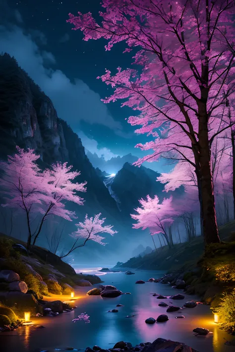 best quality, masterpiece, beautiful wild and natural fantasy landscape with glowing lights