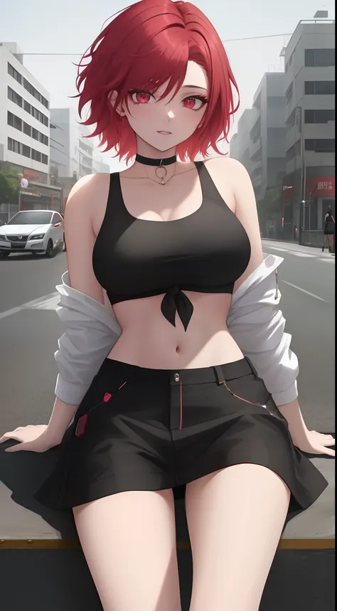 a woman with red hair and red eyes and a black top is sitting on a city street with a traffic light in the background, artgerm, ...