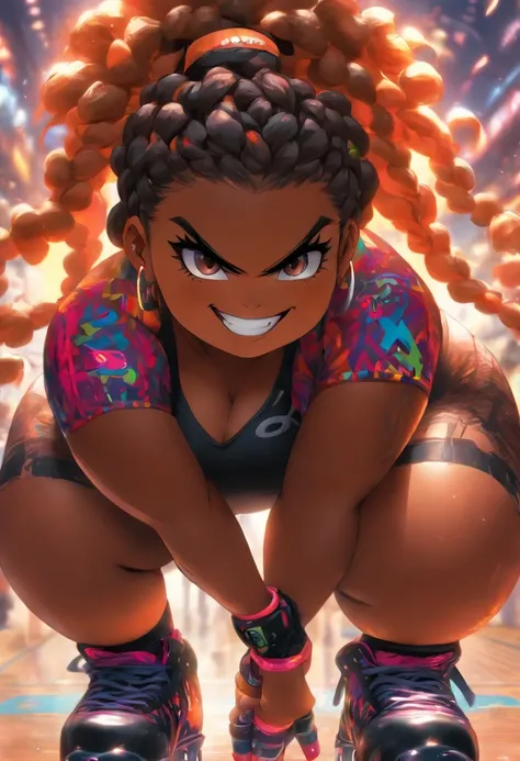 chubby woman, black african, braids afro hair, angry sexy, wearing roller skates on feet, thicc, medium large breasts, sensual, no tattoos, dark black skin, evil grin, oiled skin, dressed in black, wearing shorts, wearing baseball cap, erotic