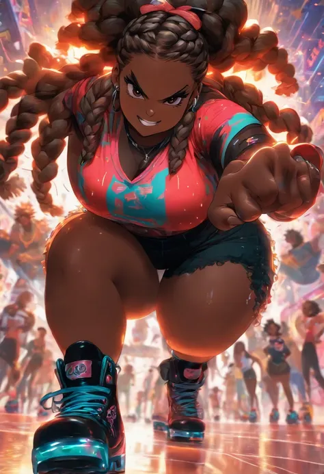 chubby woman, black african, braids afro hair, angry sexy, wearing roller skates on feet, thicc, medium large breasts, sensual, no tattoos, dark black skin, evil grin, oiled skin, dressed in black, wearing shorts, wearing baseball cap, erotic