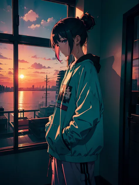 masutepiece, High quality, girl, hair tied, Colorful highlight hair, Big clothes, baggy clothes, Comfortable clothing, Indoors, Night, Sunset, Dark room, Distracting and messing with something,