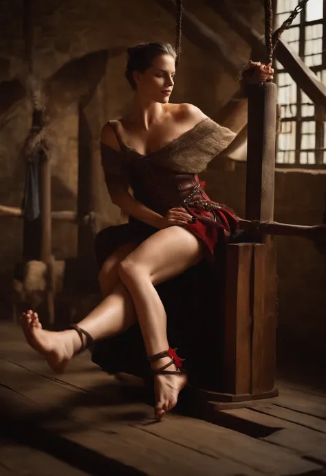 diane foxington with her bare feet bound in medieval stocks, with her arms tied up above her while feathers tickle her on the soles of her feet and in her underarms