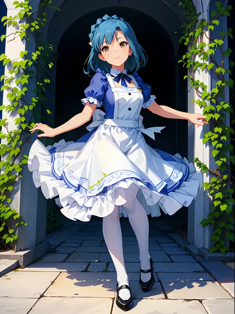 yuriko nanao (million live), 1 girl, solo, best quality, high resolution, 8k, wallpaper, ultra-detailed, (((detailed face, perfect anatomy))), (((dynamic angle, dynamic pose))), smile, Alice in wonderland, (((light blue dress, white apron, frilled apron, w...