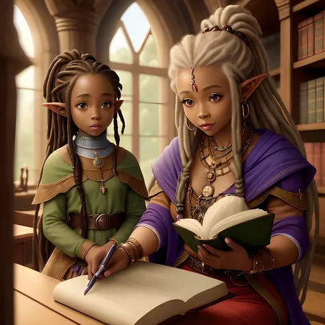 A small petite big eyed child like African American female Elf with dreads in a Fantasy castle library, A mature African American Elven woman tutors her second woman, Elderly