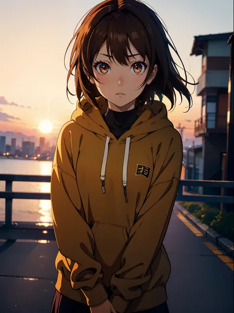 Extreme close-up of anime girl staring at camera with expressionless face, She has brown hair and brown eyes, Wearing a brown hoodie. Shinkai Makoto style. Bokeh. depth of fields. Film grain. Sunset in the background.