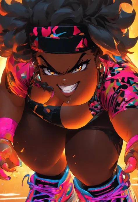 short chubby woman, black african,  angry sexy, wearing roller skates on feet, thicc, medium large breasts, sensual, no tattoos, dark black skin, evil grin, oiled skin, dressed in black, wearing shorts, wearing baseball cap, erotic, nose ring, very dark sk...