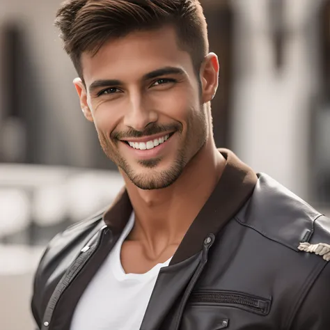 Homem sorridente na jaqueta de couro com camisa branca e t-shirt branca, Macho sorridente, macho atraente, homem atraente, Homem magro com pele caramelo, homem sorridente, modelo de moda sorridente, bonito rosto atraente, Jovem com rosto bonito, Macho boni...