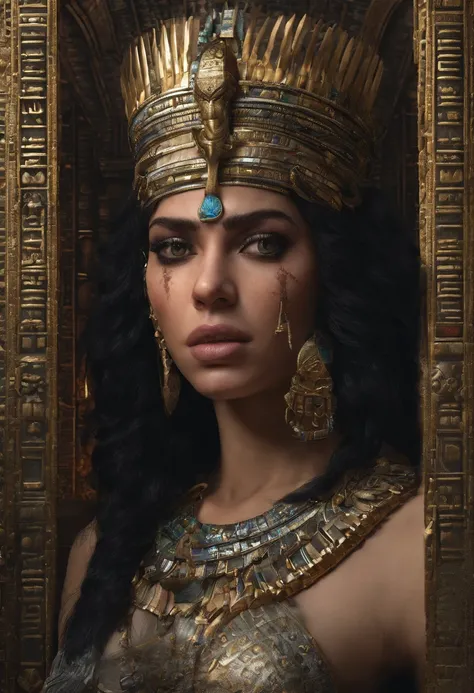 An image of Cleopatras suicide, A tragic Egyptian queen. His keen focus and intense gaze seem to pierce through the darkness, Revealing Hidden Truths and Mysteries. The intricate details are reproduced in stunning detail, while cinematic lighting adds a to...