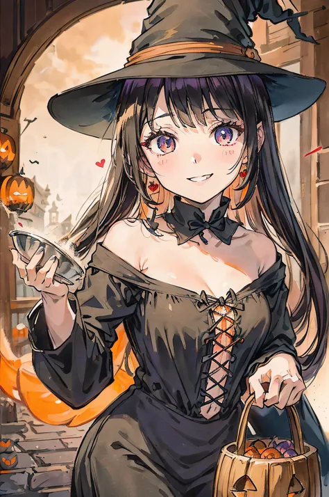 Halloween atmosphere、Bat in the background、Girl in a witch costume、Wearing a big witchs hat、Holding a bucket of sweets in your hands、A smile、murky、frontage、Focus on girls、Highlights in the eyes、Heart Effect