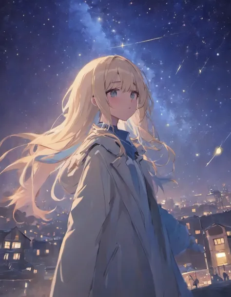 A girl standing under the stars，Surrounded by stars，Long blue and white shiny hair，A trench coat with white accents as the main tone，Eyes like stars