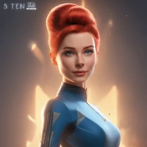 Animated portrait of a female character with striking red hair styled into a tall, elegant bun. She has fair skin, arched eyebrows, green eyes, and red lips that express a confident and playful demeanor. Shes dressed in a short blue, form-fitting miniskirt...