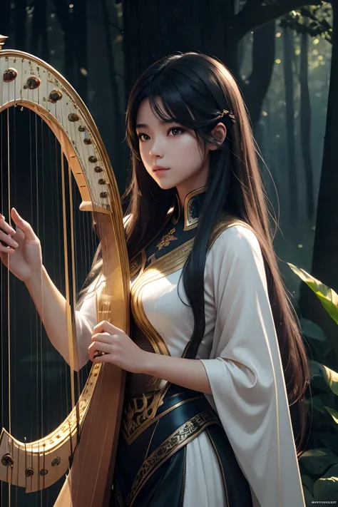 hightquality、8K Ultra HD、fullllbody、A 16-year-old female harpist is playing the harp。Amazing healing forest、cute little、Beautiful fece、portlate、A kitten、Art by Alberto Sebeso、Symmetrical、Abstract art style、Complex and intricate watercolor painting 、digitia...