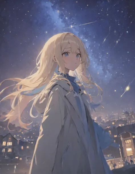 A girl standing under the stars，Surrounded by stars，Long blue and white shiny hair，A trench coat with white accents as the main tone，Eyes like stars