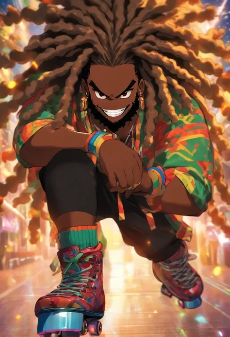 chubby black man, african man, wearing roller skates on feet, long rasta hair, dread locs, brown eyes, evil grin, wearing black, fluffy beard, bright shining eyes,