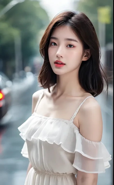 ((Best Quality, 8k, Masterpiece: 1.3)), Focus: 1.2, Perfect Body Beauty: 1.4, Buttocks: 1.2, ((Layered Haircut)), (Wet Clothes: 1.1) , (Rain, Street:1.3), Tulle Fabric, Slip Dress, (White Dress: 1.2), Slouchy Style, Highly Detailed Face and Skin Texture, D...