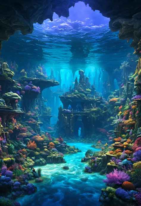 a painting of a beyond-dimensional fantasy world,a world of under the sea,atlantis,science fiction,uplighting,studio ghibli,unre...