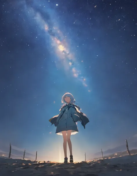 Girl standing under the stars，Slightly higher，Surrounded by stars，Long blue and white shiny hair，Holding a mysterious book in his hand（significant），A trench coat in white as the main color，Eyes like stars