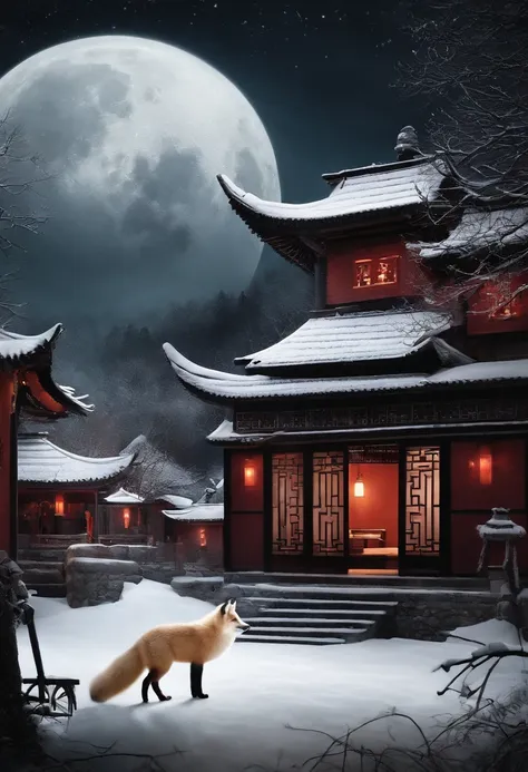 red tint，Chinese movie poster，A huge moon illuminates the entire village，The village is full of snowflakes，The white fox stood and watched the moon，In the lower right corner, There is a house，There are a few faces peeking at the house