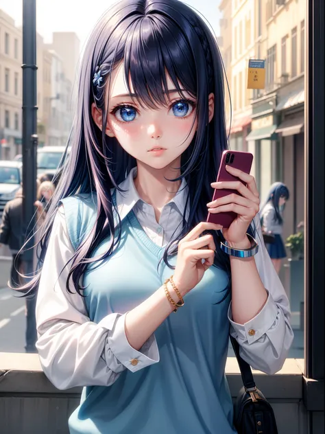 1girl, A bracelet, Bangs, blue eyes, Blue hair, blusher, cellphone, Hair between the eyes, holding, Holding the phone in your hands, Long hair, long sleeves, looking a viewer, parted lips, phone, school uniform, Shirt, 独奏, sweater vest, upper-body, white  ...