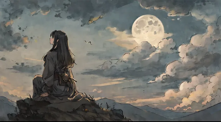 Masterpiece, best quality, night, hills, clouds, full moon, long hair, woman, silhouette, firefly.