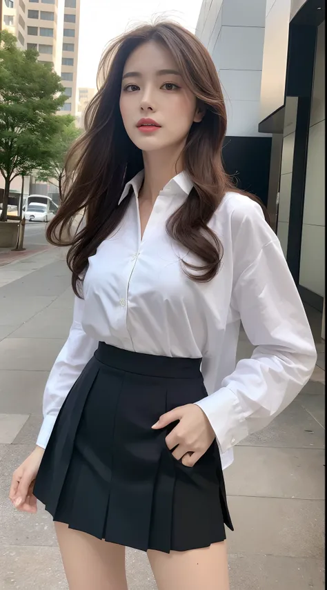 (Best quality, High resolution, Masterpiece :1.3), A tall and pretty woman, Slender abs, Dark brown hair styled in loose waves, Breasts, White button up shirt, Black pleated skirt, (Modern architecture in background), Details exquisitely rendered in the fa...