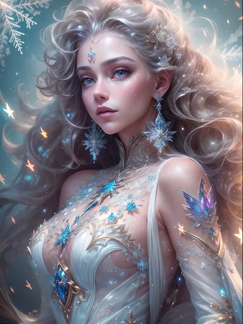 Generate beautiful, realistic fantasy artwork with bold gemstone tones, Nice glitter and shimmer, And a lot of snowflakes. Generate a glowing and petite curly-haired woman, Metallic hair, and realistic textured hair. Her skin is pure white，It seems to glow...