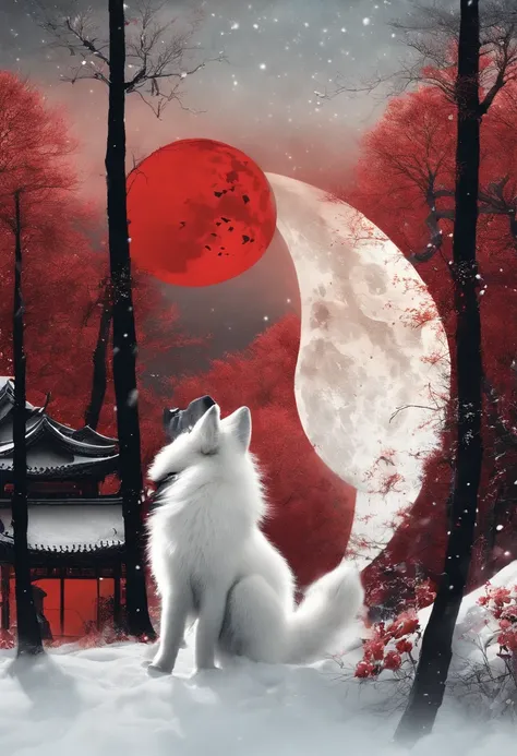 Chinese movie poster，red tint，A huge moon illuminates the entire village，The village is full of snowflakes，A white fox demon with 9 tails spits out a night pearl，Towards the moon，In the lower right corner, There was a house where there were several faces p...