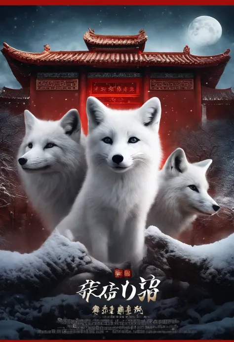 Chinese movie poster，red tint，A huge moon illuminates the entire village，The village is full of snowflakes，A white fox demon with 9 tails spits out a night pearl，Towards the moon，In the lower right corner, There was a house where there were several faces p...