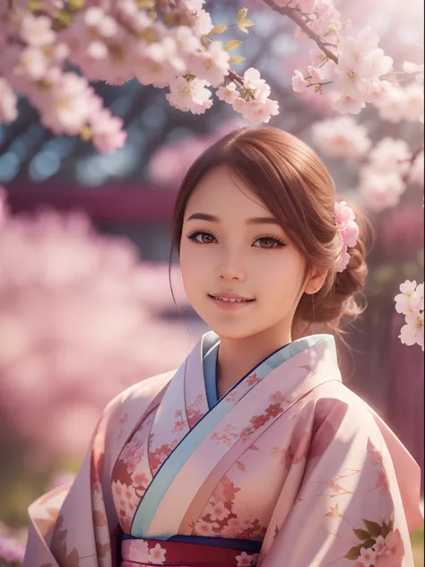 A girl enjoying in garden, eyes detailed, beautiful looks, Cherry blossom, wearing kimono, best quality, 16K UHD resolution, extremely detailed, shot by Sony alpha a7, background blurred, photorealism, realistic details, soft lights, sun shine, blurred bac...