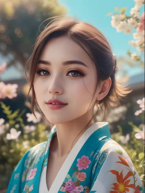 A girl enjoying in garden, eyes detailed, beautiful makeup, clear sky, blue sky, wearing kimono, best quality, 16K UHD resolution, extremely detailed, rich colors, shot by Sony alpha a7, background blurred, photorealism, realistic details, soft lights, sun...