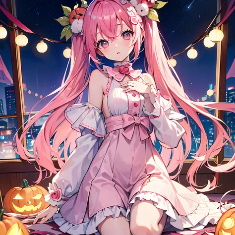 (top-quality、masutepiece)、(((Delicat eyes)))、miku hatsune、Cherry hair ornament、Light pink hair、Pink eyes、nightcity、Pumpkin Objects