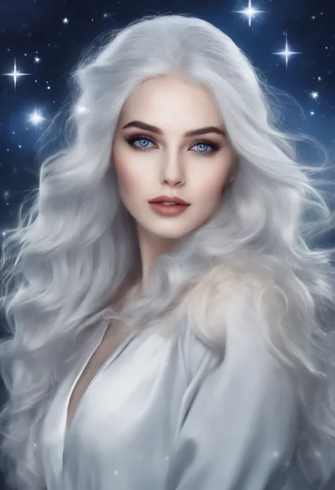 A girl standing under the stars，Slightly higher，Surrounded by stars，（Long blue and white shiny hair），（Mystery book），A trench coat in white as the main color，Eyes like stars