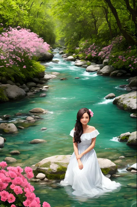 Pretty girl with flowers along a crystal clear river