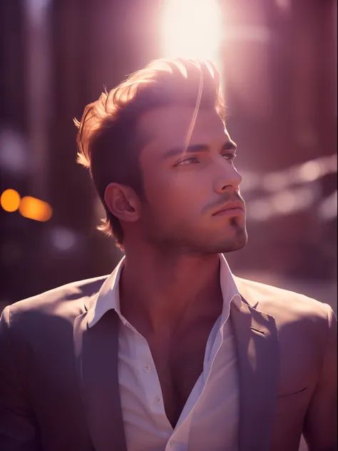 (a male model:1.1,photography:1.2),rich colors,sharp focus,highres,studio lighting,professional,portrait,stylish attire,intense gaze,confident pose,handsome features,urban backdrop,lens flare,striking composition