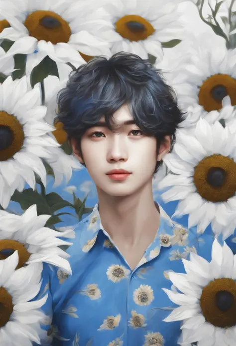 Composition of fictional characters, Dressed in young blue flowers, Surrounded by sunflowers, The protagonist, Open your eyes, His hair blew in the wind, And the sun heals, Monochrome close-up, Cute, Dreamy, Oil painting style, acrylic paints,, Japanese, I...