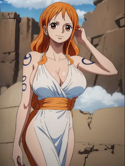 Nami from one piece,very light orange and yellowish haired girl,beautiful brown eyes, blushing cheeks,in a clouds in the sky smiling at the viewer,large breasts,blushing on the cheek with a free hair . She should be wearing a ancient greek clothes outfit.T...