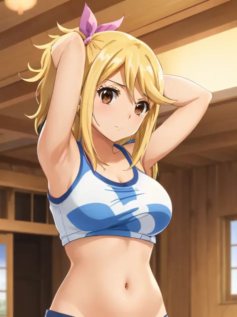 1girl, lucy heartfilia, solo, blonde hair, brown eyes, long hair, indoors, looking at viewer, anime coloring, parody, side ponytail, upper body, hair ribbon, barriga, belly, breasts, armpits