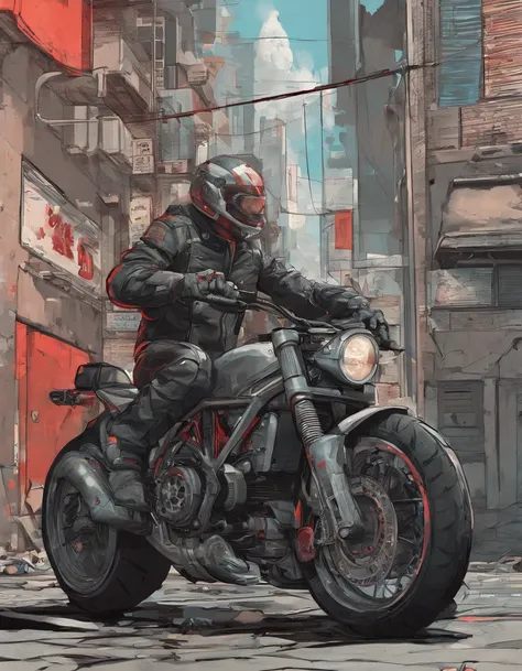 1 mechanic arguing, motobike ducati three quarter view not factory tuned classic out of a garage being repaired, Garage witch windows, symetric, crowded room, sketch, with some mud on the bodywork and the windshield, grey and light red and pastel red headl...