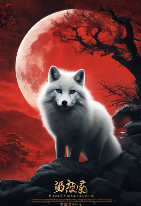 Chinese movie poster，red tint，A huge moon illuminates the entire village，The village is full of snowflakes，A white fox demon with 9 tails spits out a night pearl，Towards the moon，In the lower right corner, There was a house where there were several faces p...