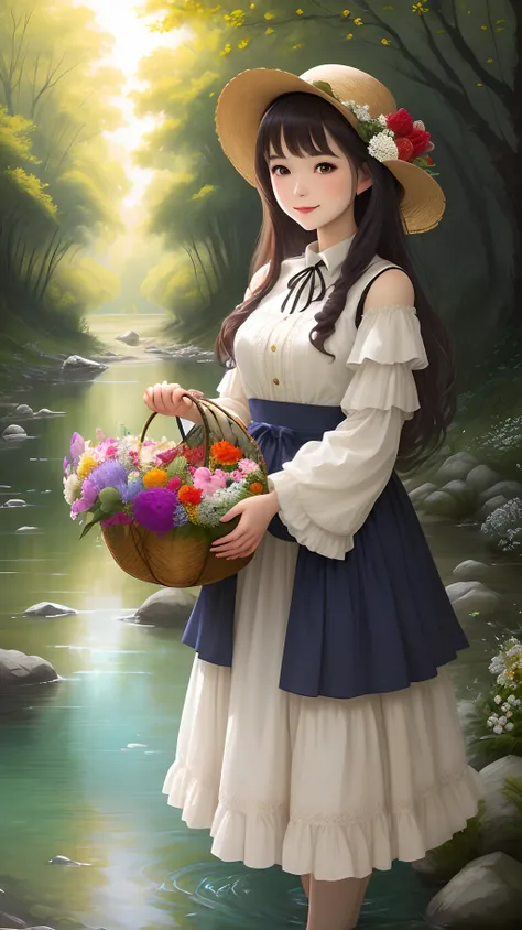 Pretty girl with flowers along a crystal clear river  and a basket full of flowers and fruits