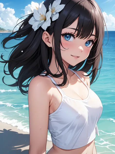 official art、top quality ultra-detailed cg art、white swimwear：１.２）、black hair、lively girl、white t-shirts、transcendent cute、kirak...