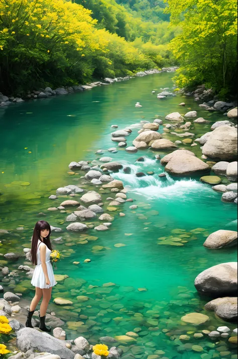 Pretty girl with flowers along a crystal clear river