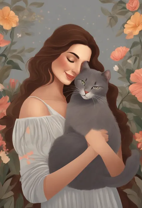 A woman with long brown hair holding a gray cat, the woman is smiling with a side profile, the background is sunny and floral, the gray cat is sleeping in the woman’s arms, a gentle atmosphere.