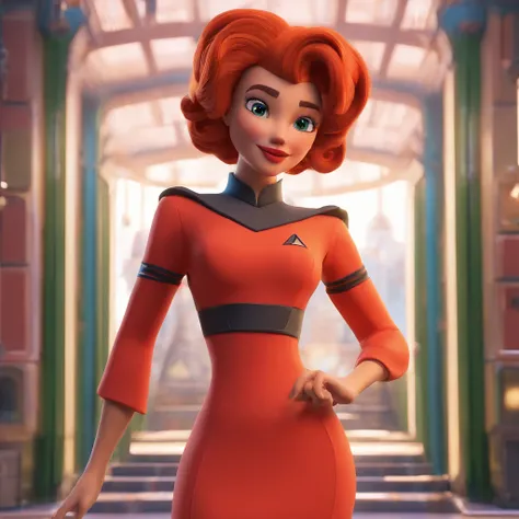 Animated portrait of a female character with striking red hair styled into a tall, elegant bun. She has fair skin, arched eyebrows, green eyes, and red lips that express a confident and playful demeanor. Shes dressed in a short blue, form-fitting miniskirt...