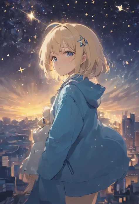 A girl standing under the stars，Slightly higher，Surrounded by stars，（Long blue and white shiny hair：1.3），（Mystery book：1.3），A trench coat in white as the main color，Eyes like stars