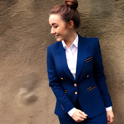 25 years old european female with brown bun hair in formal dark blue blazer suit