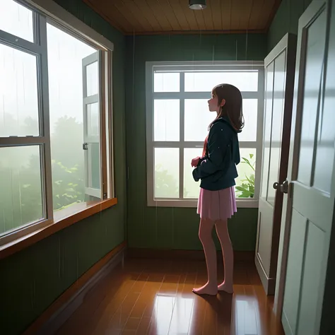 Teenage girl inside the house looking  outside the window while raining outside