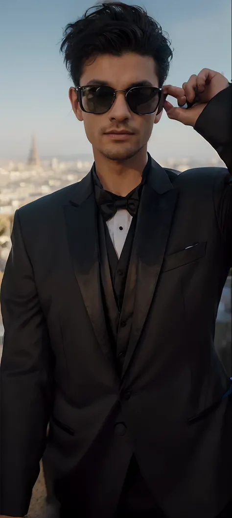 work of art. Portrait of a handsome man with ( in (black tuxedo). llena.de foot on a rock over beautiful views of Paris. Photorealistic, Hyperdetailed,High Quality,8K